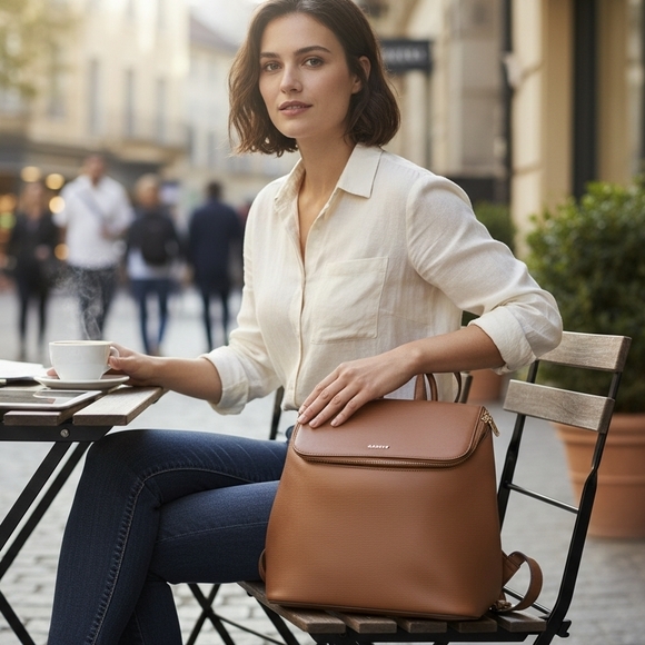 DKNY Tan Leather Backpack - Picture 1 of 9